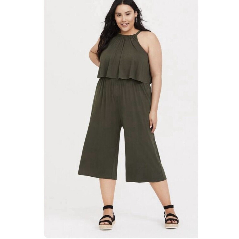 TORRID WOMENS Olive Green Jersey Flounce Culotte Jumpsuit SIZE 2